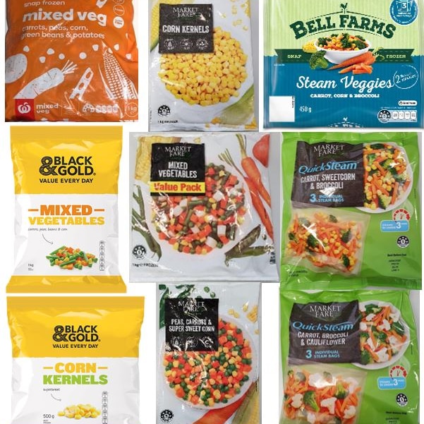 Different packs of frozen vegetables.