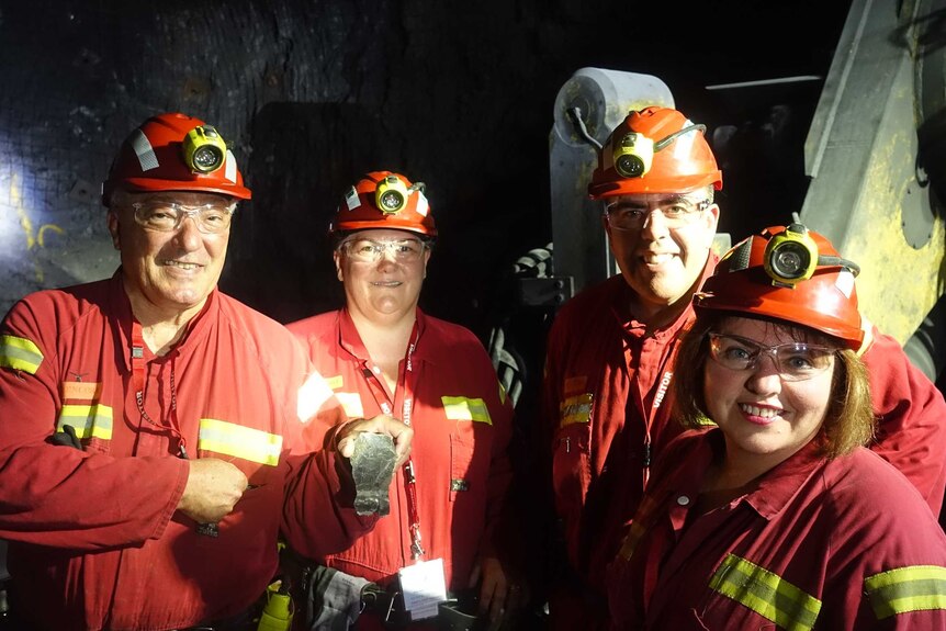 Four politicians in hardhats and hi-vis jumpsuits smile underground in a mine