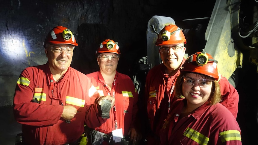 Four politicians in hardhats and hi-vis jumpsuits smile underground in a mine