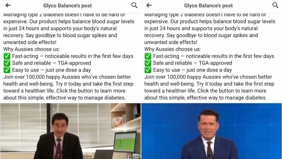 Screenshots of the Facebook posts promoting the deepfake videos show Karl Stefanovic and Professor Shaw.