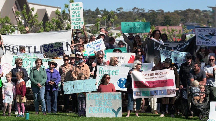 A large group of protesters hold up environmental concern signs
