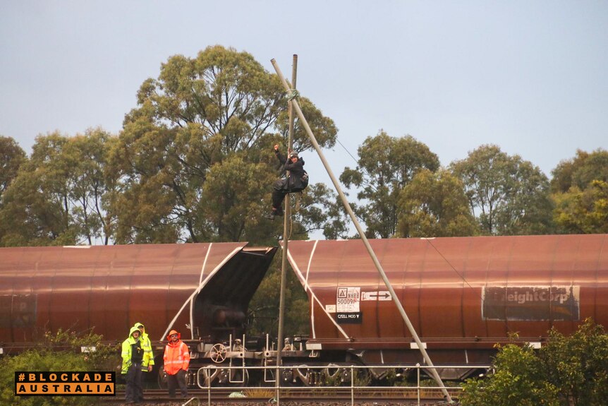 A man up a pole with a coal train behind him.