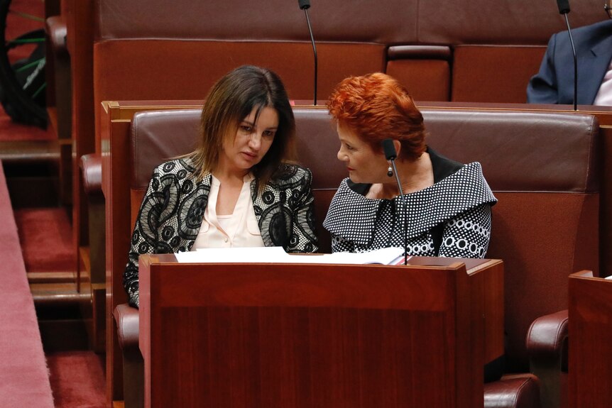 Jacqui Lambie and Pauline Hanson sit together in the Senate