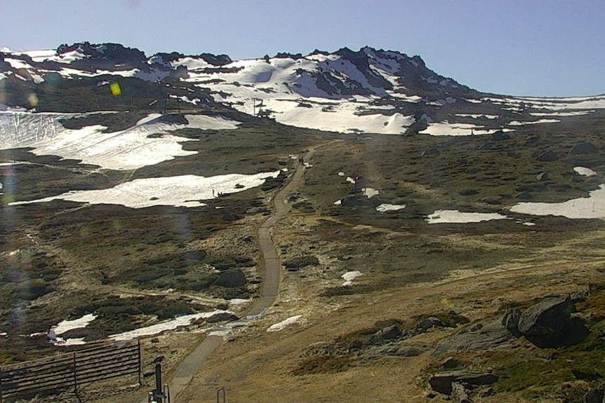 A snow capped mountain with green fields and a barren walking track where snow usually would be