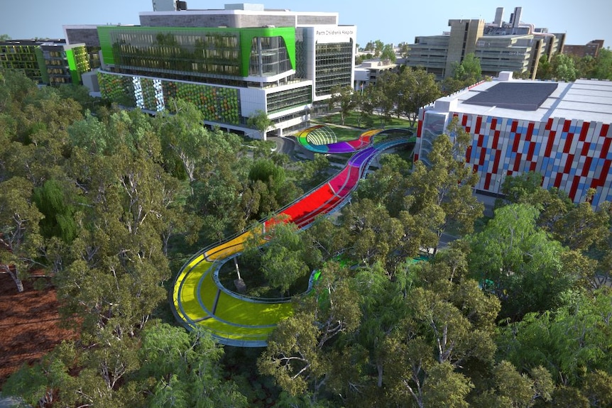 An overhead artist's impression of the colourful and twisting Kings Park Link Bridge from Perth Children's Hospital.