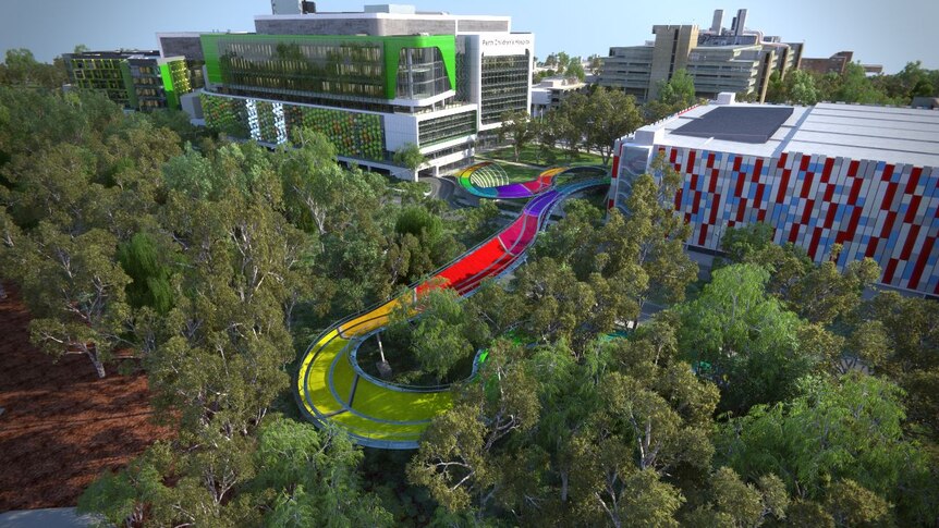 An overhead artist's impression of the colourful and twisting Kings Park Link Bridge from Perth Children's Hospital.