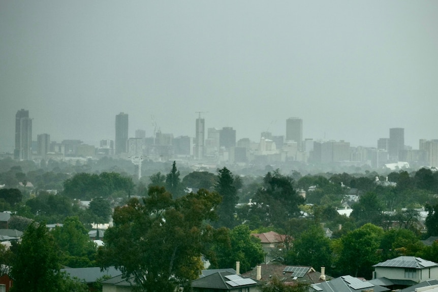 Tall buildings with grey clouds and mist