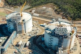 Two Santos GLNG liquefied natural gas (LNG) storage tanks at the Curtis Island site off the coast of central Queensland