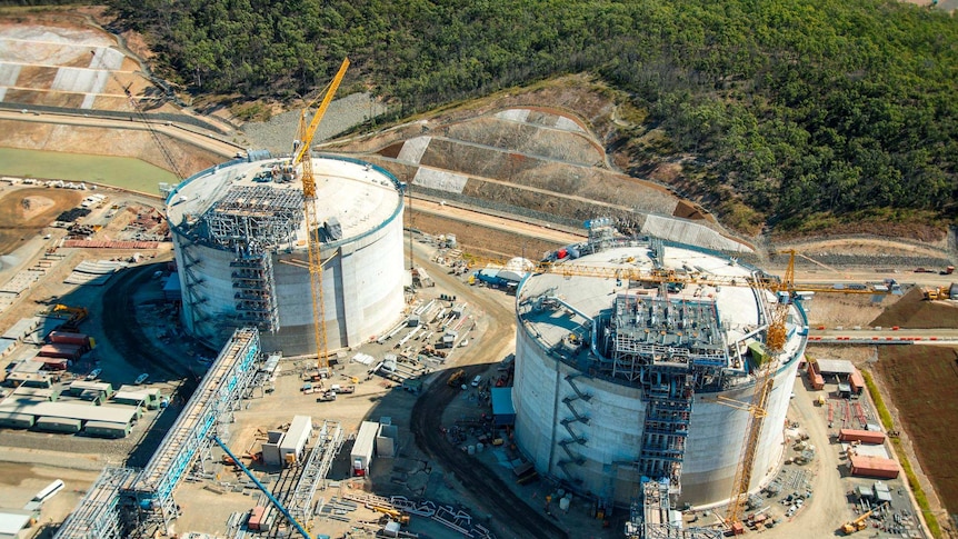 LNG storage tanks under construction on Curtis Island in 2014.