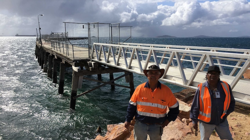 Esperance Elder Doc Reynolds and friend Henry Dabb at the Esperance Tanker Jetty