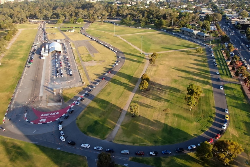 Aerial view of cars snaked around Victoria Park testing site as people experience long delays.