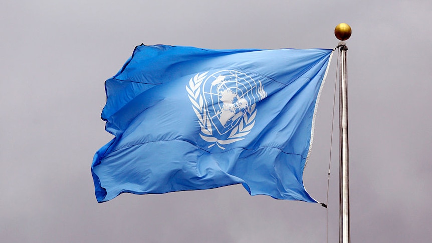 The blue UN flag flies against a grey cloudy sky