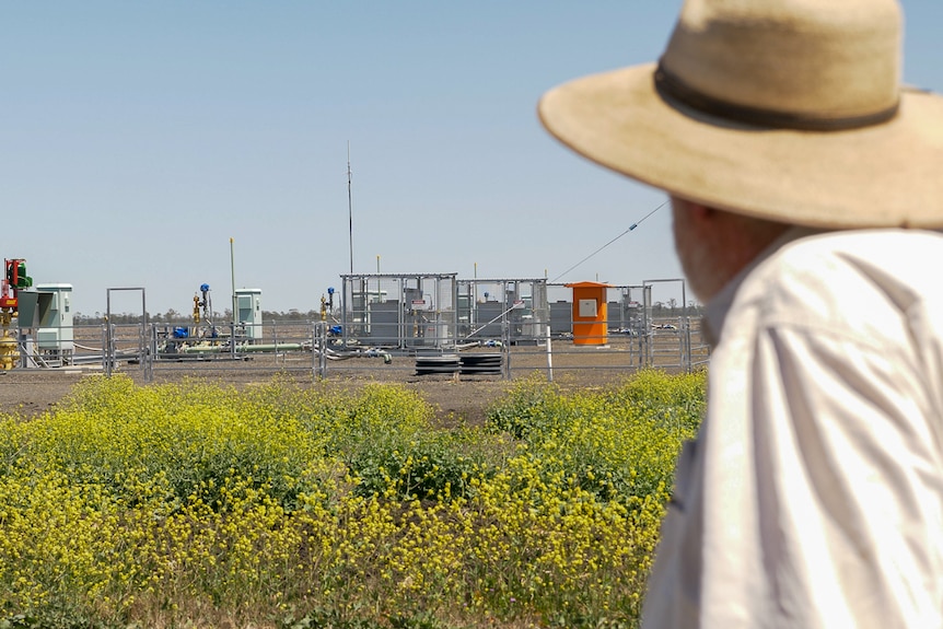 Cecil Plains farmer Doug Brown stands with his back to the camera looking at a cluster of gas wells near his farm, October 2021.