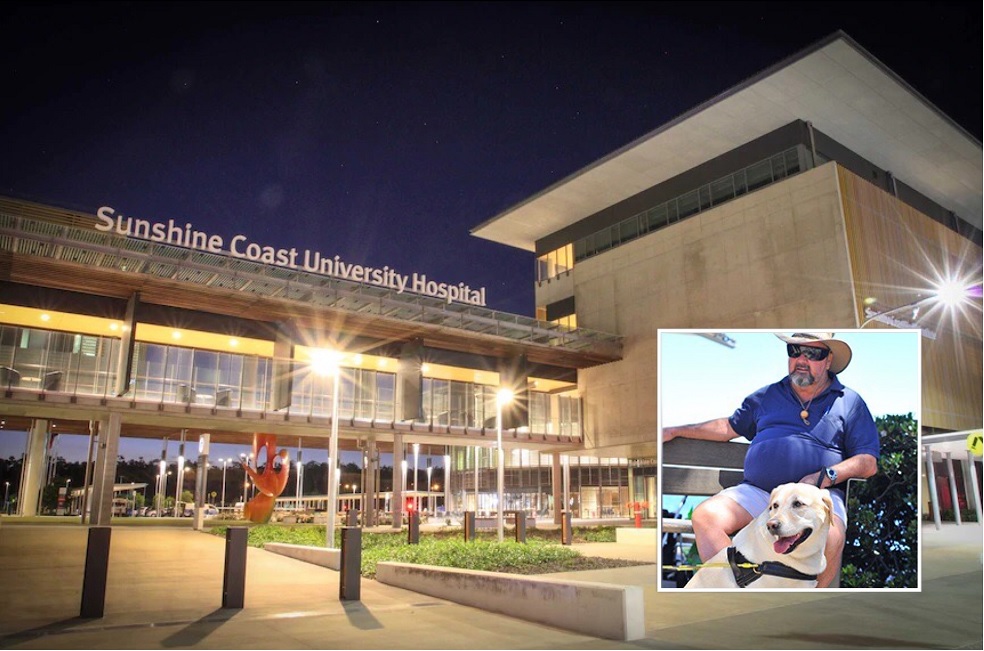 A man with a guide dog sitting on a bench, inset, over a night shot of entrance to hospital