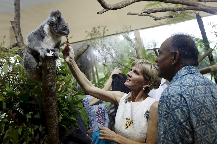 Foreign Minister Julie Bishop and her Singaporean counterpart K Shanmugam feed a koala at the Singapore Zoo