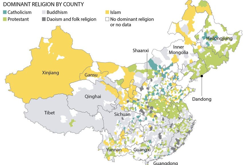 Map showing dominant religions in China by county.