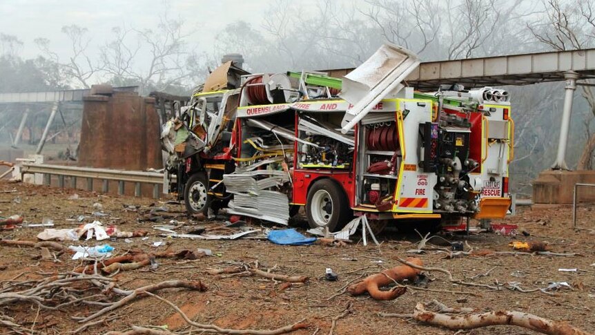 Damaged fire truck in chemical truck explosion near Charleville in south-west Qld on September 5, 2014.