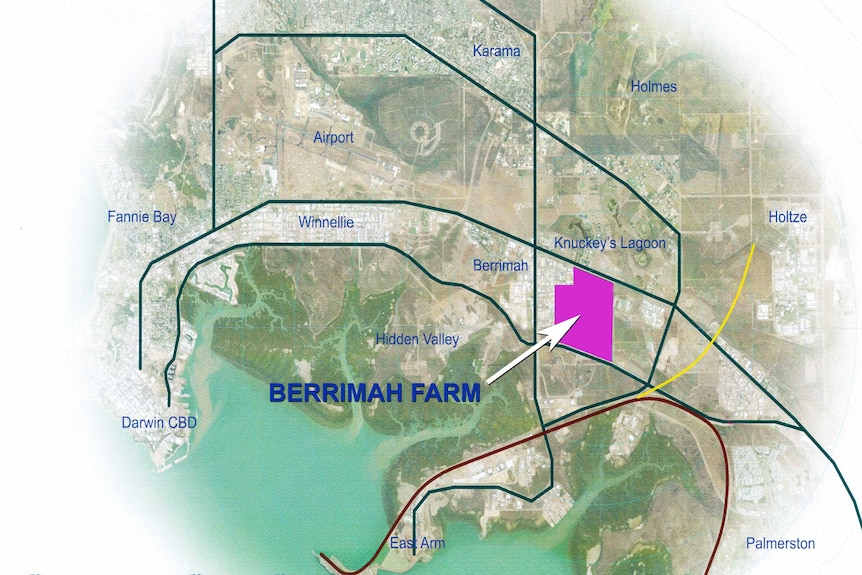 Map of Darwin showing Berrimah farm in relation to the CBD, the airport and Palmerston.