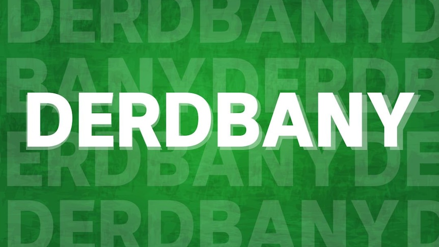 The word 'DERDBANY' is written in block white letters with a green background. 