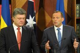 Tony Abbott and Petro Poroshenko in a joint news conference in Melbourne