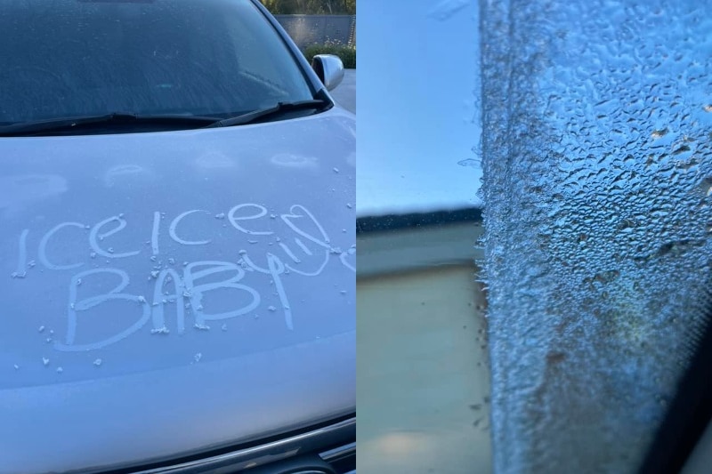 A composite image with 'ice, ice baby' written on a car bonnet and frost on another car window