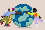 An illustration of a woman with outstretched hands on the other side of the globe to her parents.
