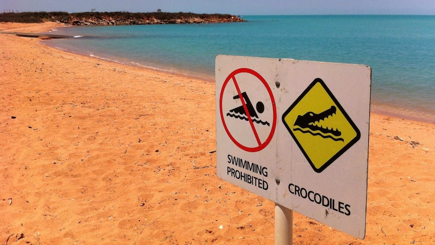 A beach with signs warning of crocodiles and a ban on swimming.