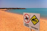 A beach with signs warning of crocodiles and a ban on swimming.