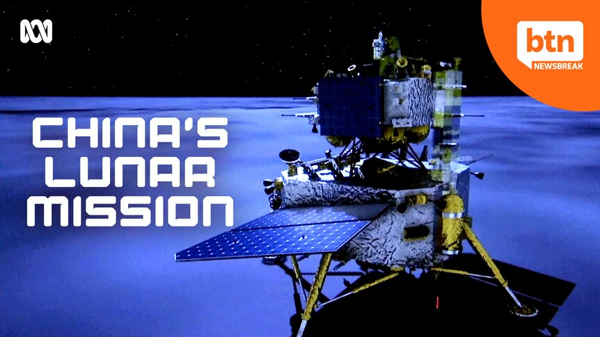 Image of a space probe on the moon with the words China's lunar mission.