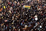 An aerial shot of protesters at JFK international airport protesting trump's ban on travel