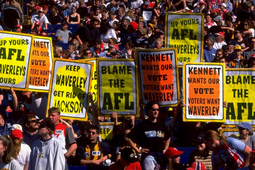 Protestors at the last AFL game played at Waverley Park