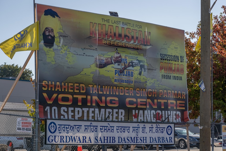 A sign says 'Shaheed Talwinder Singh Parmar Voting Centre 10 September Vancouver'
