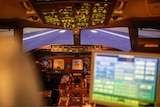 Inside an empty flight simulator.