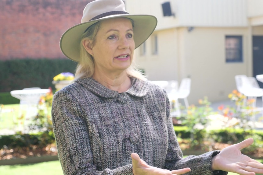 Sussan Ley wearing a grey button-up coat and a beige akubra holds her hands out as she explains something