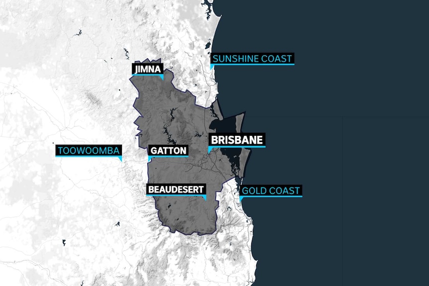 A map showing the outline of the Greater Brisbane region.