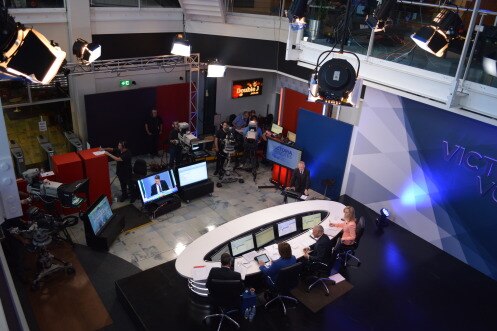 Aerial view of a busy news room during election night