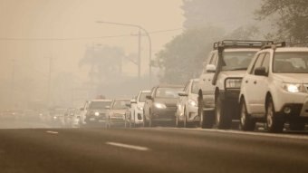 Cars banked up along a smoky road.