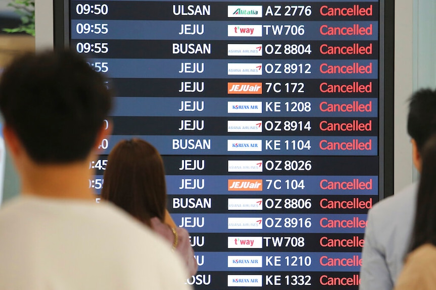 Looking behind people in soft focus, you view electronic flight arrivals with the entire screen showing cancellations.