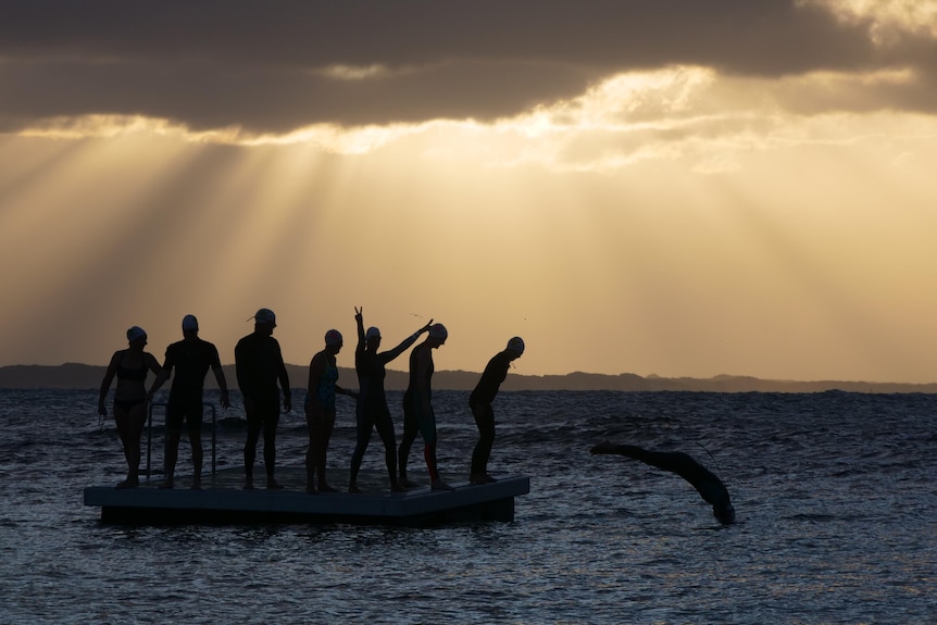A group of swimmers on a pontoon at sunrise.
