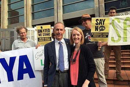 Bob Brown and Jessica Hoyt outside court