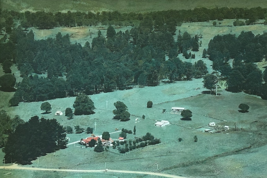 An aged photograph taken from the air of Riamukka farm, believed to have been shot in the 1960s.