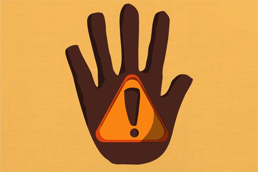 An illustration of a spread out hand with a danger logo on its palm