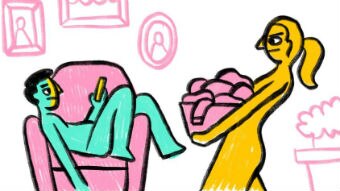 Illustration shows woman carrying basket of washing while man sits on couch looking at his phone