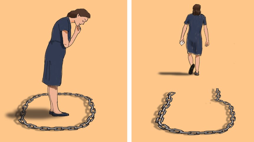 An illustration shows a woman walking away from broken chains.