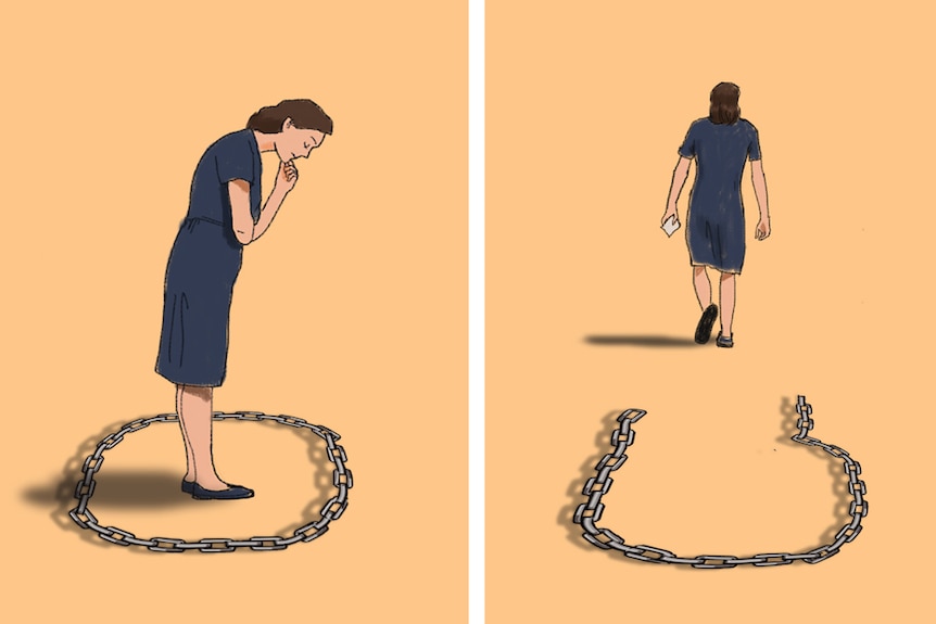 An illustration shows a woman walking away from broken chains.