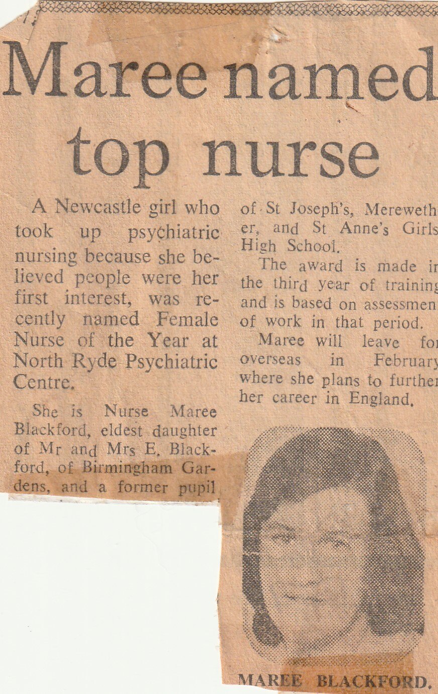 brown newspaper clipping with black writing, includes faded photo of young woman