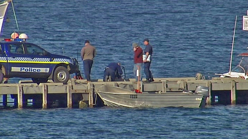 Police on jetty at Triabunna, Tasmania