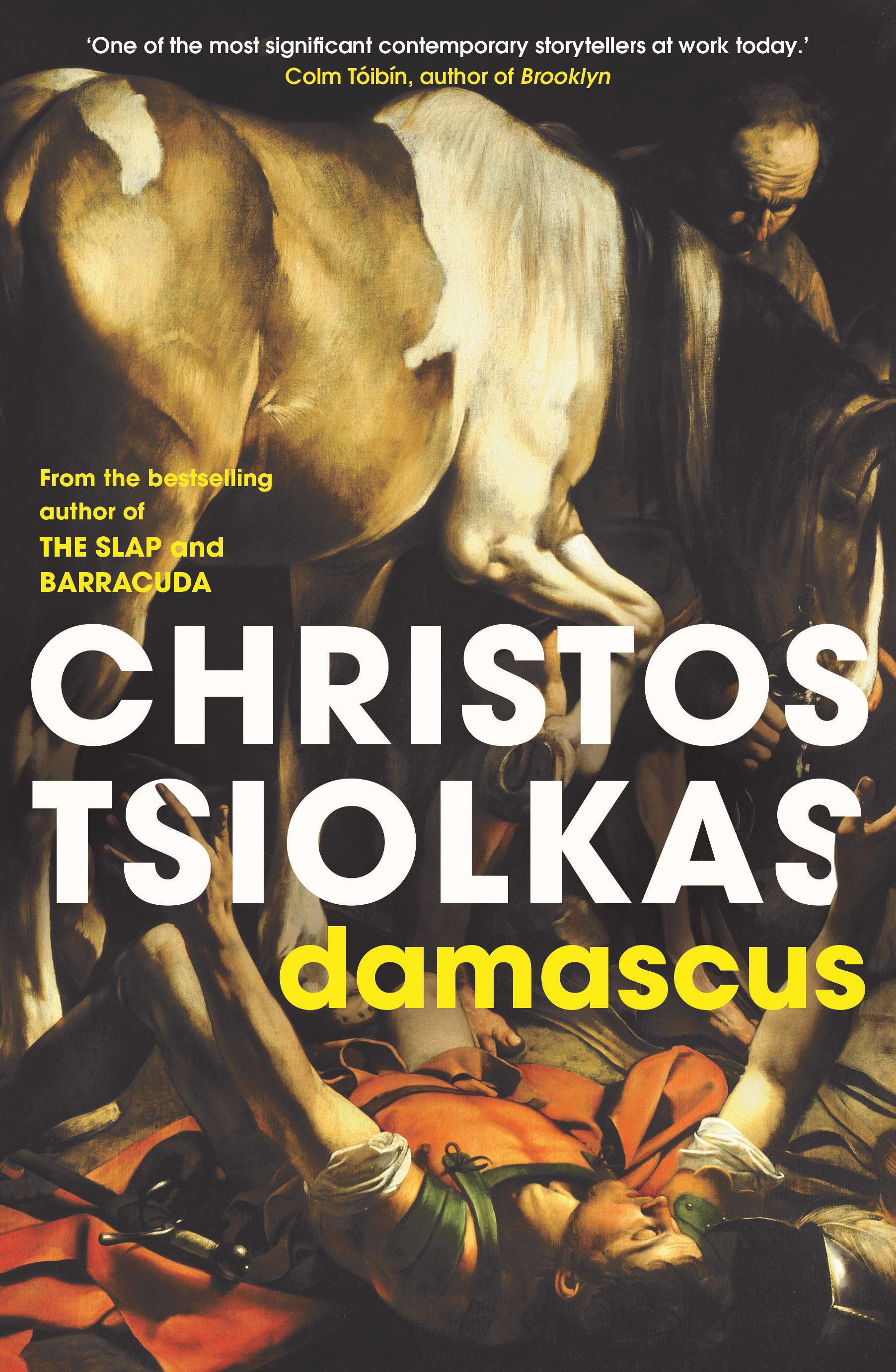 Damascus by Christos Tsiolkas book cover featuring a painting of a horse trampling a roman soldier