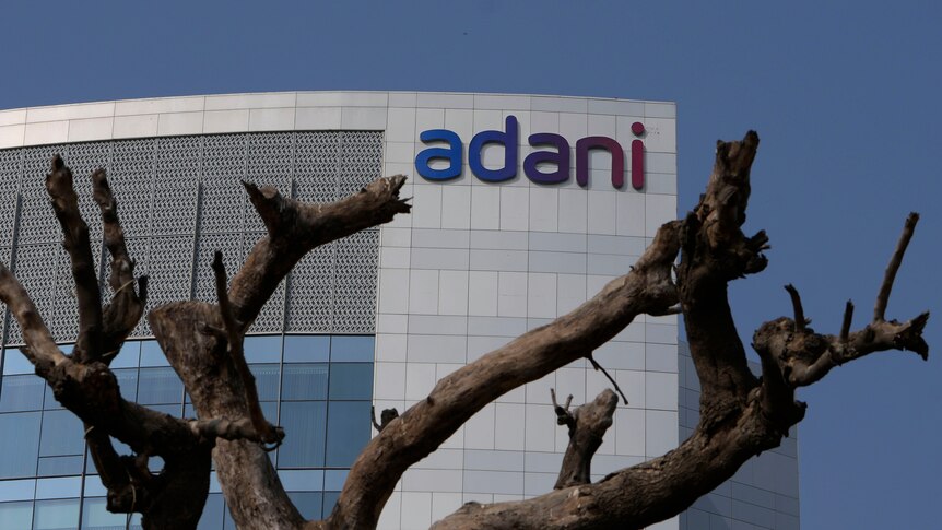 The Adani logo is seen on the side of a building through the branches of a tree. 