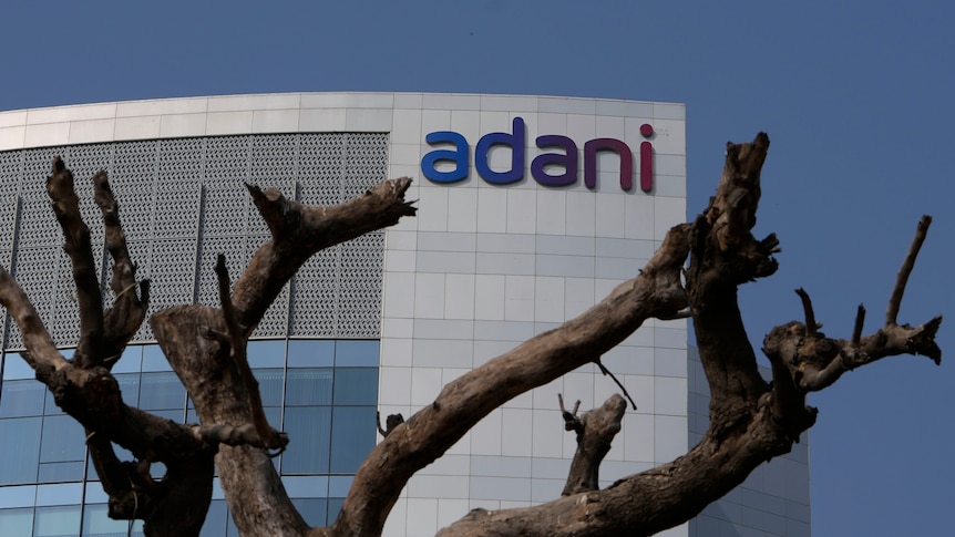 The Adani logo is seen on the side of a building through the branches of a tree. 